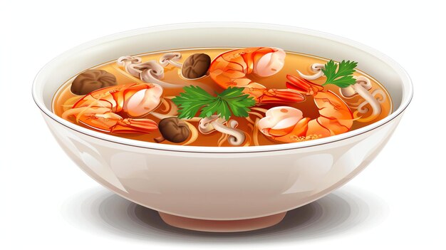 Un tazón de deliciosa sopa Tom Yum con setas de camarón y fideos La sopa se sirve en un tazón blanco y está adornada con perejil