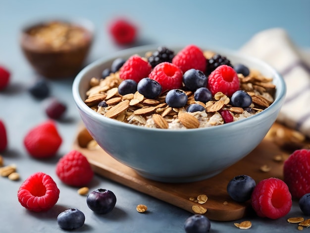 Tazón de desayuno lleno de nutrientes de muesli saludable con bayas frescas