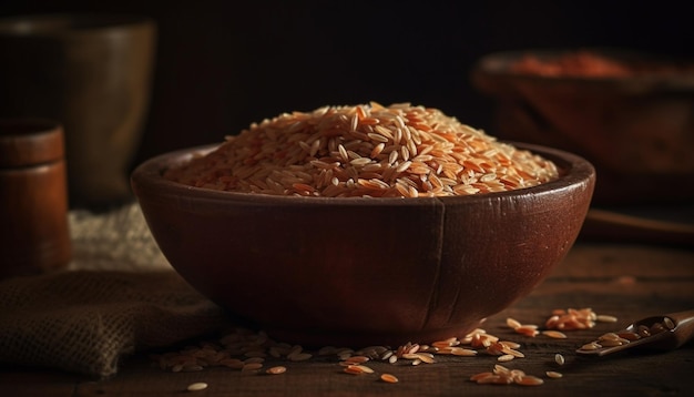 Tazón de desayuno saludable con cereal de trigo integral y arroz basmati generado por IA