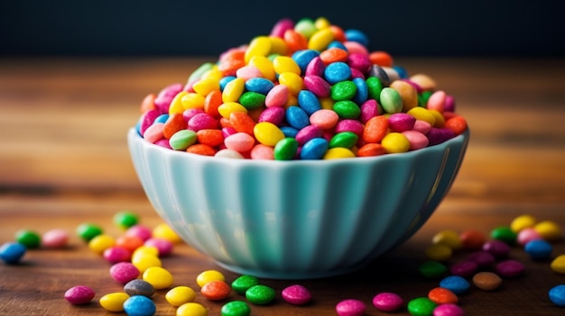 Un tazón de dulces de colores del arco iris se sienta en una mesa