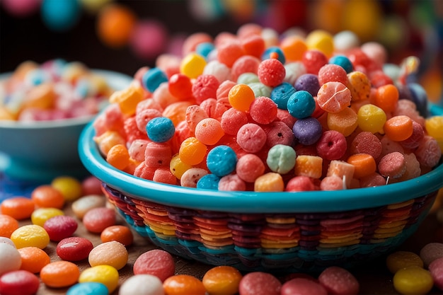 un tazón de dulces de colores está lleno de dulces