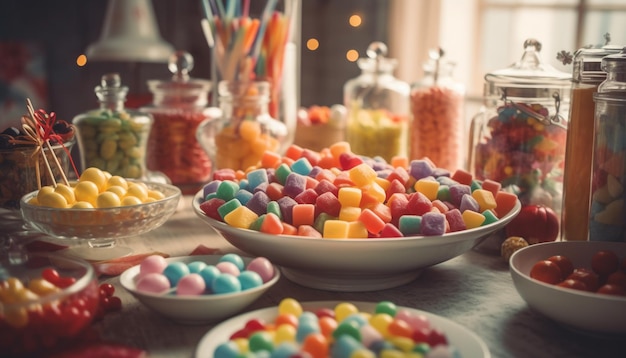 Un tazón de dulces coloridos, una indulgencia infantil en Halloween generado por IA