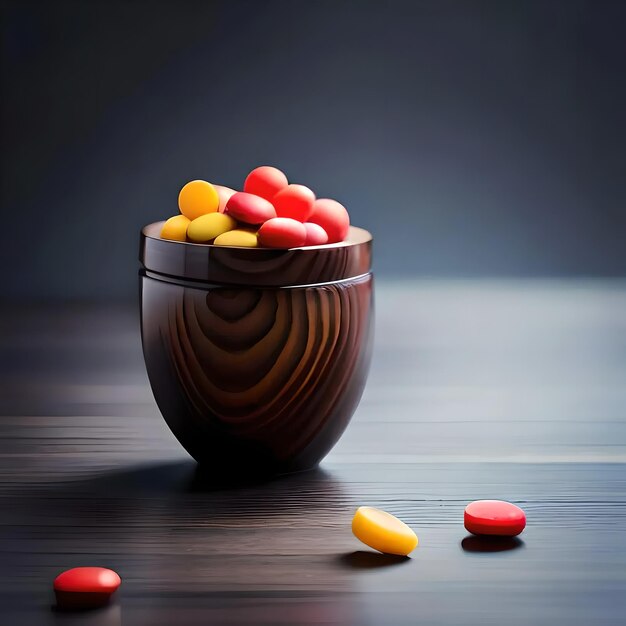 Un tazón de dulces se sienta en una mesa con un fondo oscuro.