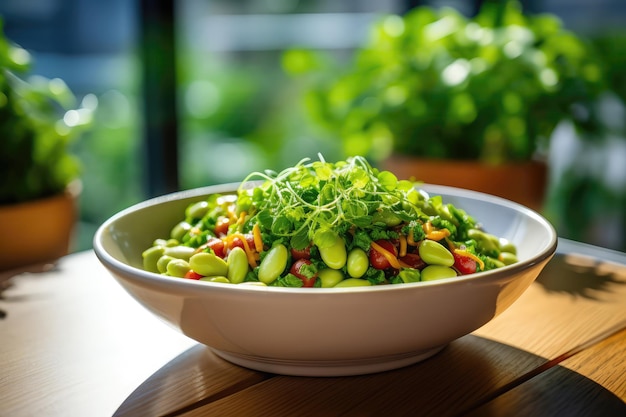 El tazón de Edamame en el plato en el café de estilo botánico