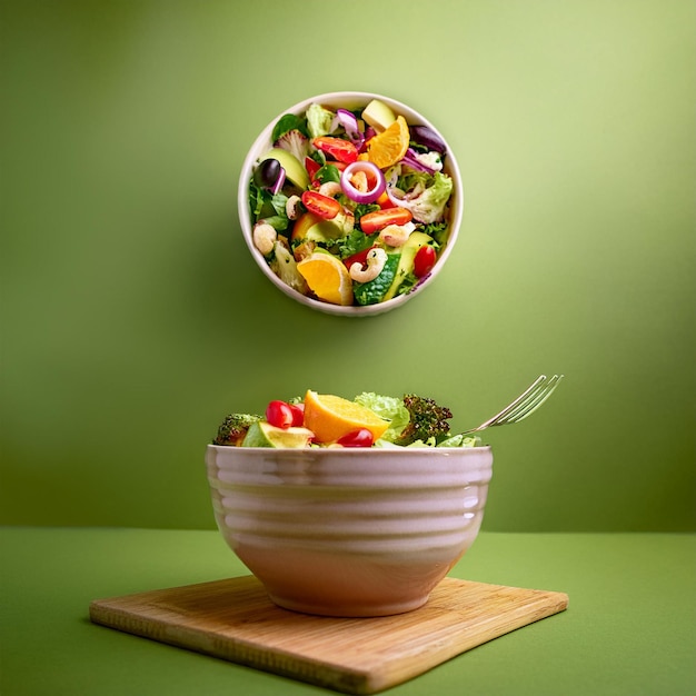 un tazón de ensalada con un bol de ensalada en una mesa verde