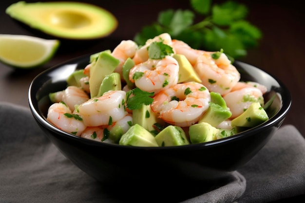 Un tazón de ensalada de camarones con aguacate al lado.