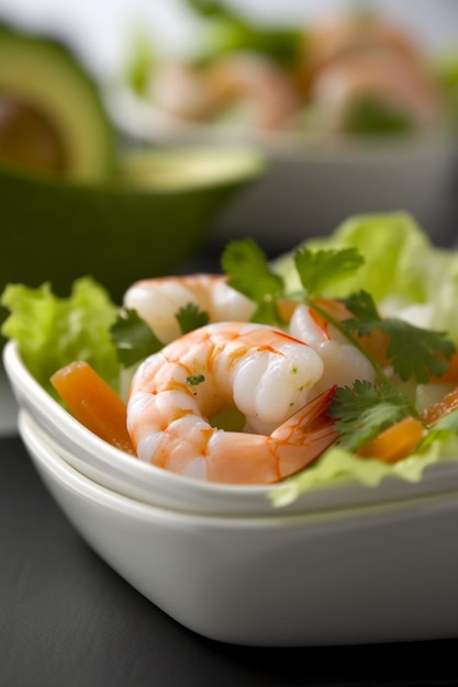 Un tazón de ensalada de camarones con cilantro encima