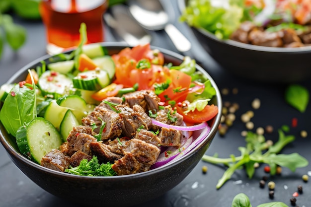 Foto tazón de ensalada de carne y verduras