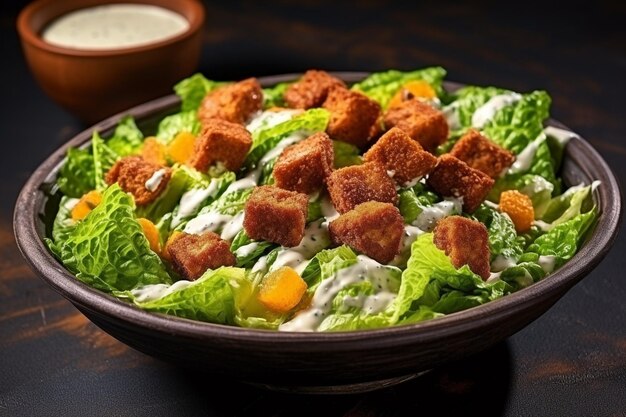 Un tazón de ensalada César con corderos, lechuga, croutons, frutas secas y mayonesa.