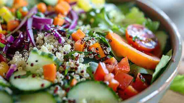 un tazón de ensalada colorido lleno de verduras frescas y quinoa que representa hábitos alimenticios nutritivos para un estilo de vida saludable