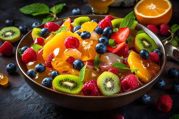 Tazón de ensalada de fruta fresca saludable sobre fondo de madera vista superior red neuronal ai generada