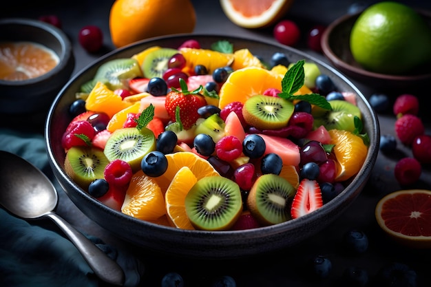 Tazón de ensalada de fruta fresca saludable sobre fondo de madera vista superior red neuronal generada por ai