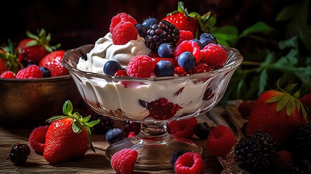 Un tazón de ensalada de frutas con bayas y crema batida