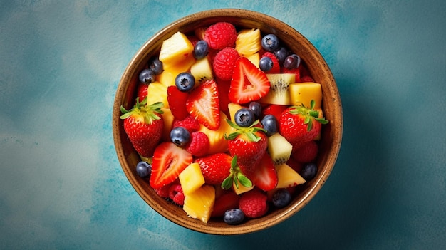 Un tazón de ensalada de frutas con fresas y arándanos