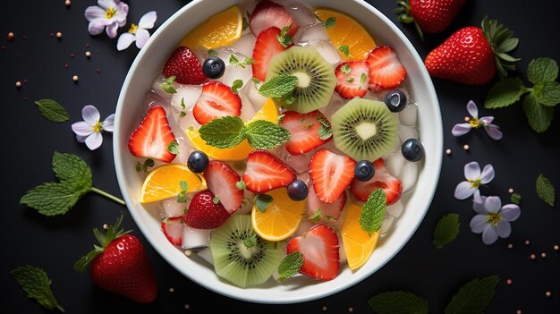 Un tazón de ensalada de frutas con fresas y crema.