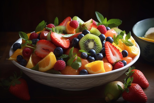 Un tazón de ensalada de frutas con fresas y kiwi.