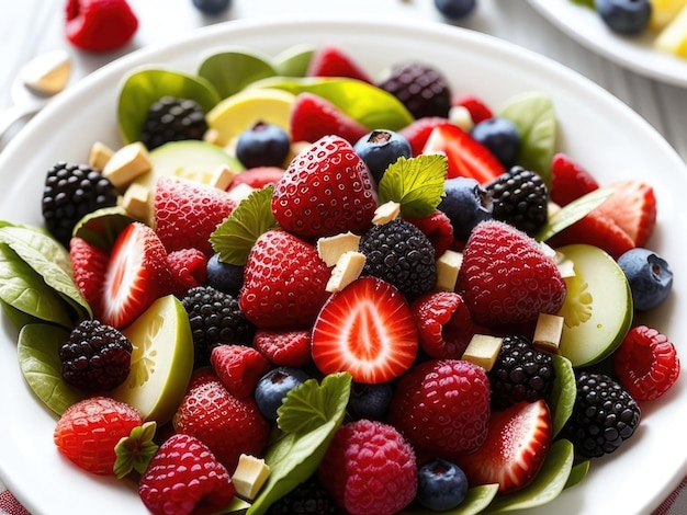 Foto un tazón de ensalada de frutas con una hoja de menta al lado.