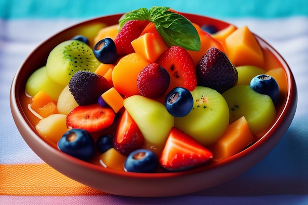 Un tazón de ensalada de frutas con una hoja de menta en la parte superior.