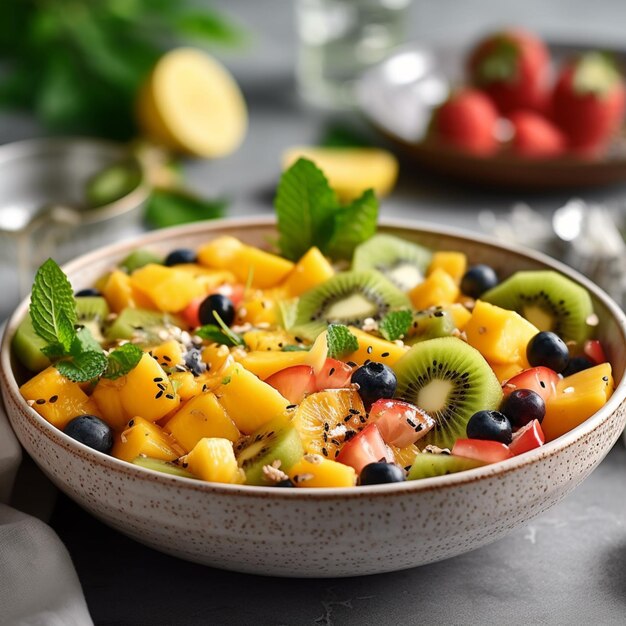 Un tazón de ensalada de frutas con kiwis, kiwis y hojas de menta.