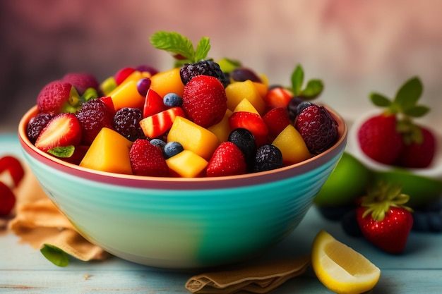 Un tazón de ensalada de frutas con un tazón verde de frutas en el fondo