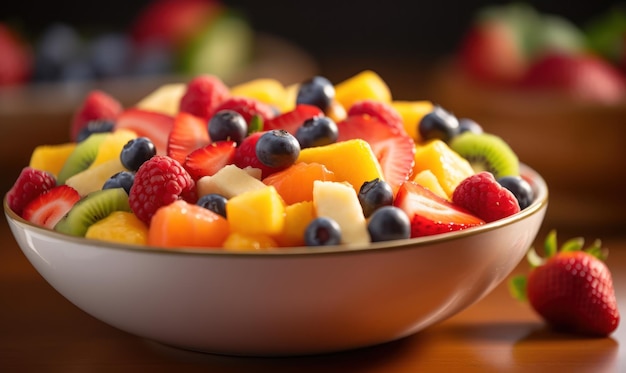 Un tazón de ensalada de frutas con una variedad de frutas.