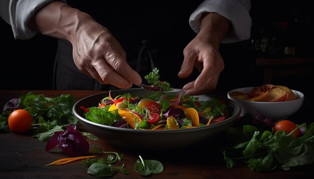 Un tazón de ensalada gourmet saludable con verduras orgánicas frescas y tomates cereza generados por IA