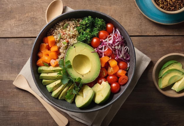 Un tazón de ensalada saludable con quinoa, tomates, pollo, aguacate, lima y verduras mixtas, lechuga, perejil sobre fondo de madera, vista superior.