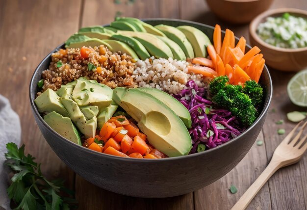 Foto un tazón de ensalada saludable con quinoa, tomates, pollo, aguacate, lima y verduras mixtas, lechuga, perejil sobre fondo de madera, vista superior.