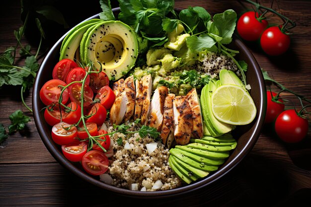 Un tazón de ensalada saludable con quinoa, tomates, pollo, aguacate, lima y verduras mixtas, lechuga, perejil