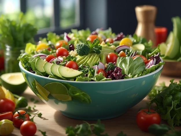 un tazón de ensalada vibrante con una mezcla de verduras frescas, verduras y un aderezo picante