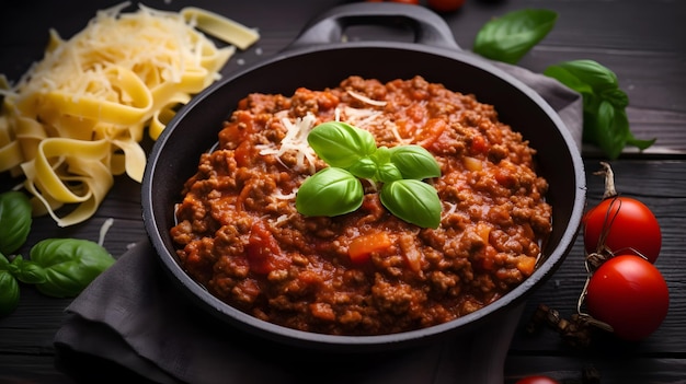 Un tazón de espagueti y salsa de carne con queso y albahaca al lado.