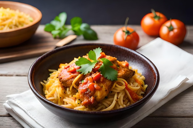 Un tazón de espaguetis con salsa de tomate y cilantro encima