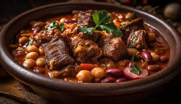 Tazón de estofado de ternera gourmet con verduras generado por IA