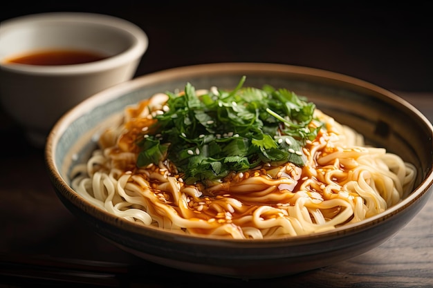 Tazón de fideos caseros con salsa recién hecha y hierbas