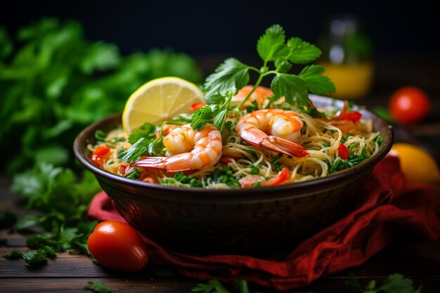 Un tazón de fideos con mariscos