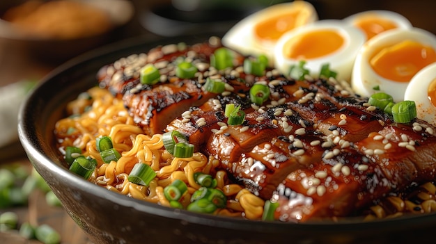 Un tazón de fideos ramen con agua en la boca cubierto con rebanadas de carne de cerdo tierna y huevos cocidos suavemente.