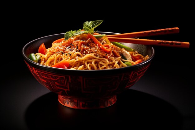 Foto un tazón de fideos de ramen con palillos en él