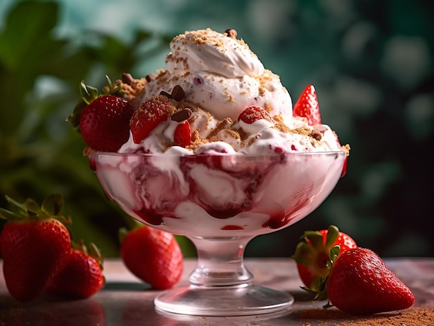 Tazón de fresas y crema con fresas encima