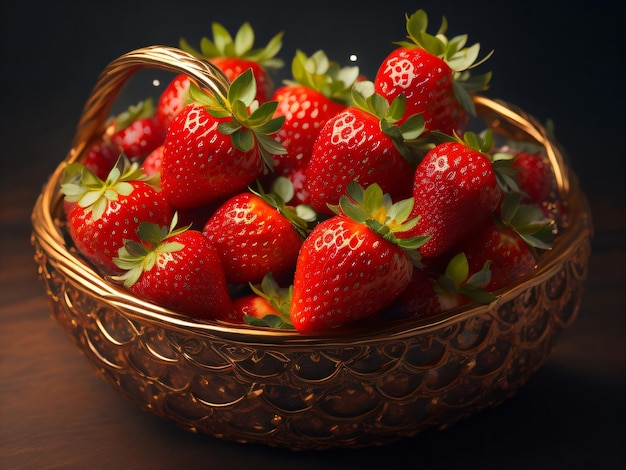 Un tazón de fresas está sobre una mesa con un fondo oscuro