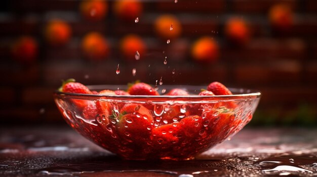 Un tazón de fresas con gotas de agua