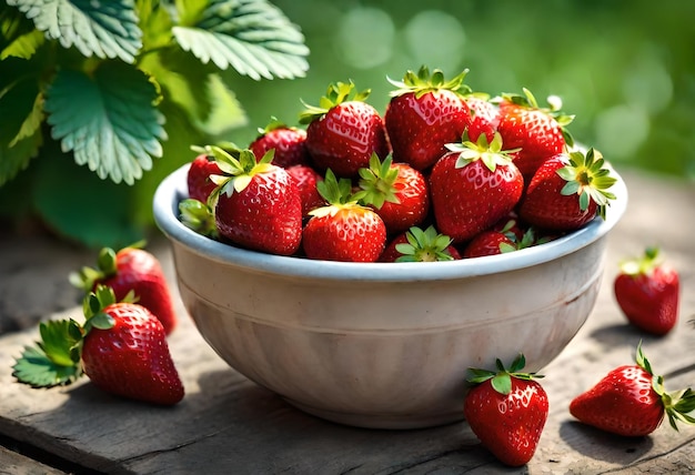 Foto un tazón de fresas con una hoja verde en el lado