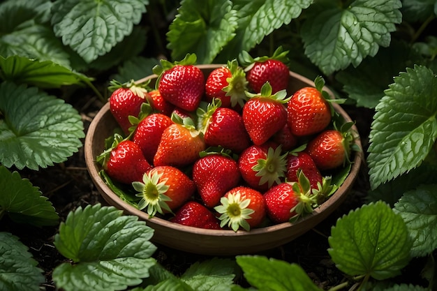 Foto un tazón de fresas con una hoja verde