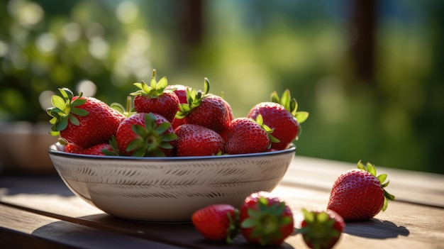 Un tazón de fresas en una mesa con la palabra fresa