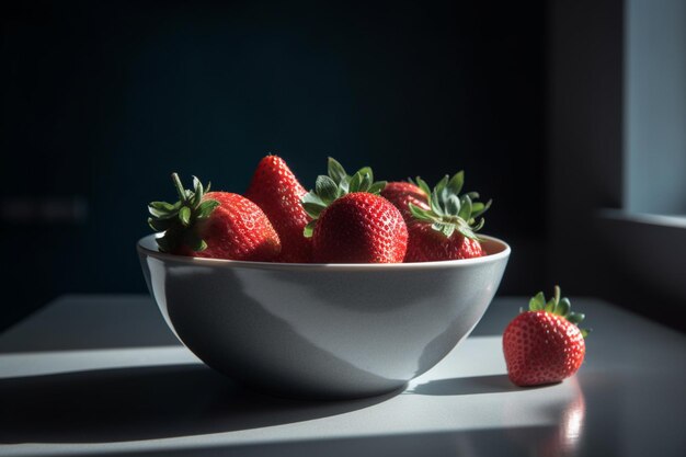 Un tazón de fresas se sienta en una mesa con dos pequeñas fresas rojas sobre la mesa.