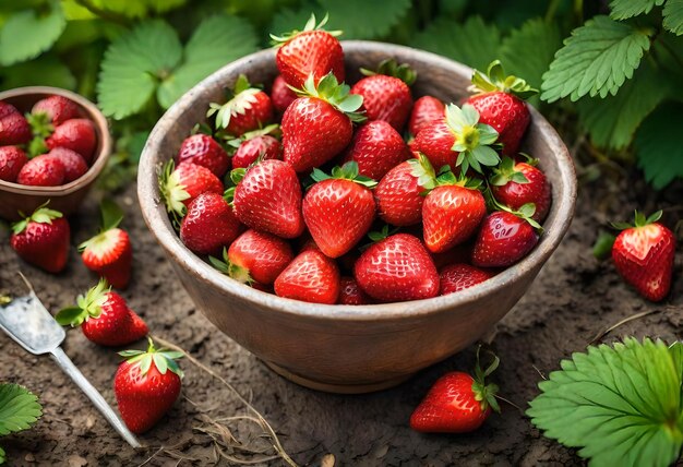 Foto un tazón de fresas con un tazó de madera de fresas