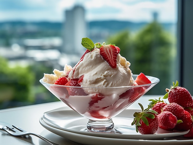 Tazón de fresas con vista de la ciudad al fondo