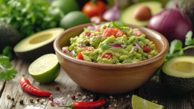 un tazón fresco de guacamole aguacates perfectamente maduros en su corazón capturado en un sol iluminado