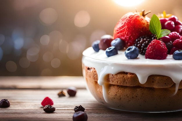 Un tazón de fruta y crema con un glaseado blanco.