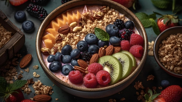 Un tazón de fruta y granola con granola y granola encima.