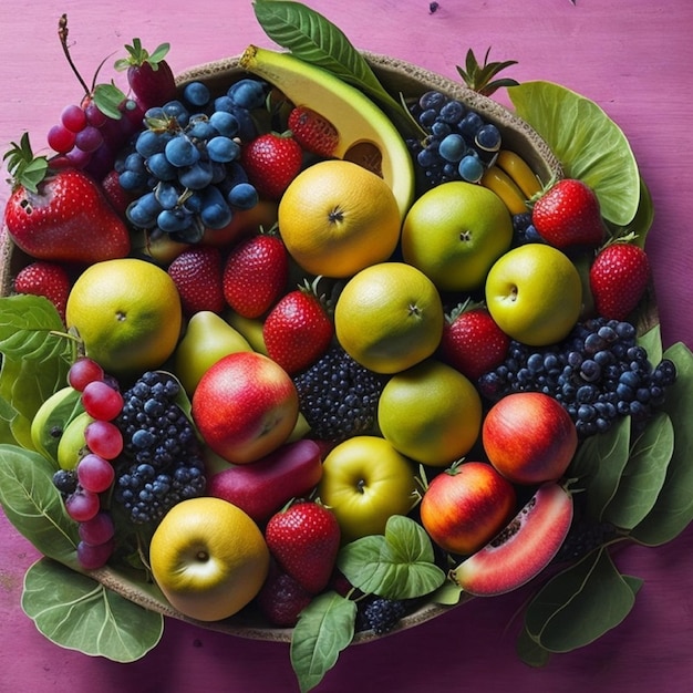 Un tazón de fruta con una hoja verde que dice fruta.